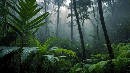 Roystonea Oleracea’s Dewy Fronds Glowing in the Rainforest Morning Mists