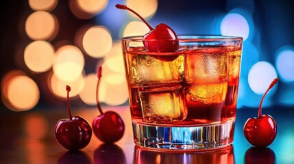 Classic Old-Fashioned Cocktail with Cherry Garnish, Reflecting Balance and Joy in Life's Simple Pleasures