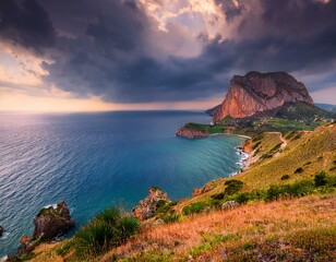 Aerial view at sunset over the Mediterranean sea. Location place Island Sicilia, Zafferano cape, Palermo city, Italy, Europe. Scenic image of famous european resort. Discover the beauty of earth.