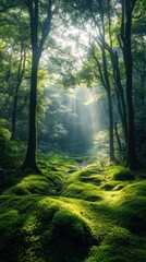 Obraz premium Dense green forest with majestic trees, sunlight breaking through canopy, serene moss-covered ground, gentle river weaving through, alive with vibrant hues of nature