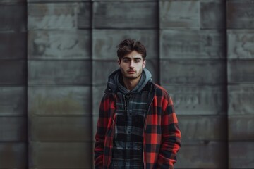 Obraz premium Young Man in Red and Black Flannel Shirt