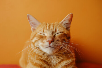 Fototapeta premium Cute ginger cat on a vibrant yellow background. Studio shot. Generative AI