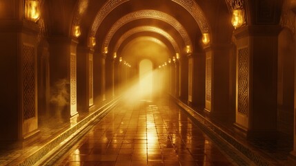 Obraz premium Golden light illuminates an archway in a mystical corridor at dawn in an ancient palace