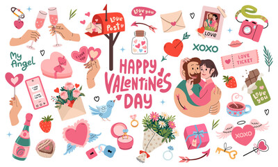 Cute set of romantic elements for Valentines day. Couple in love hugs. Holiday gifts, bouquet of flowers, box of chocolates, champagne. Box with diamond ring, envelope with letter. Vector illustration