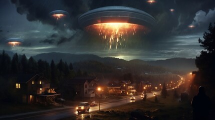 Obraz premium Mysterious Unidentified Flying Object Appears in the Night Sky During a Celebratory Fireworks Display in a Small Town Evoking a Sense of Otherworldly Intrigue and Futuristic Adventure