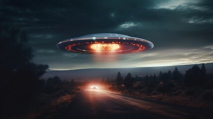Fototapeta premium Glowing unidentified flying object speeding away leaving behind a trail of luminous particles as it disappears into the vast cosmic expanse of the galaxy