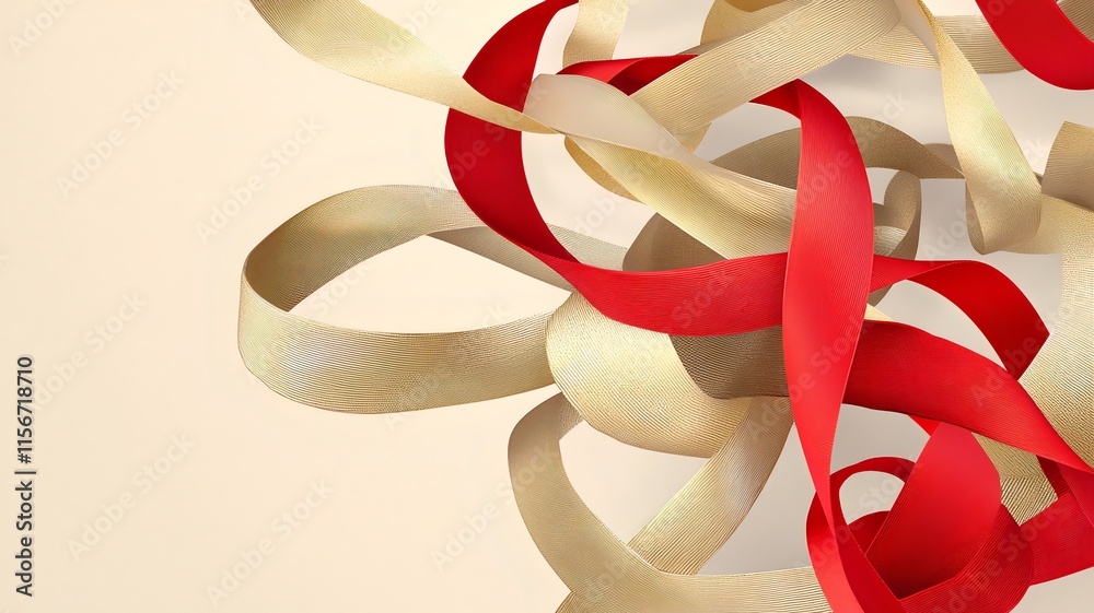 Poster captivating 3d featuring elegant red and gold ribbons forming abstract dynamic shapes with a spaciou