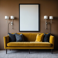 Mockup, Modern Living Room with Yellow Couch and Wall Art