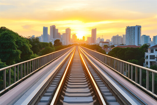Railway tracks stretching into a modern urban sunset, with a vibrant orange and yellow sky. A stunning blend of transportation and cityscape energy.