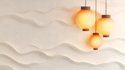 Elegant 3D of minimalist white background with golden lanterns and waves creating a serene and tranquil atmosphere with a central text placeholder for branding or design purposes