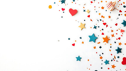 Whimsical confetti in various shapes, including stars and hearts, creates festive atmosphere