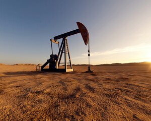 Naklejka premium Crude Oil Extraction and Processing in Action are visualized in a realistic photo, highlighting an oilfield with active pumpjacks under a vast, clear sky, emphasizing the scale of extraction.