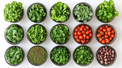 An array of fresh greens, tomatoes, and sprouts in black bowls, showcasing a vibrant selection of healthy vegetables on a white background.