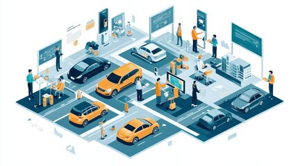 Obraz premium A vibrant, isometric illustration depicting a bustling automotive service center with cars, workers, and digital displays.
