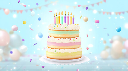 colorful cake with frosting layers and candles, perfect for celebrations