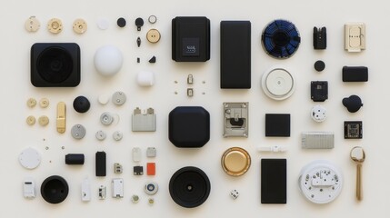 A flat lay arrangement of various electronic components and gadgets spread out on a neutral background, showcasing a blend of shapes, sizes, and textures.