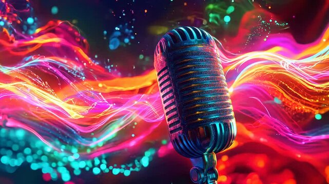 A vintage microphone with abstract colorful sound waves . Music concept