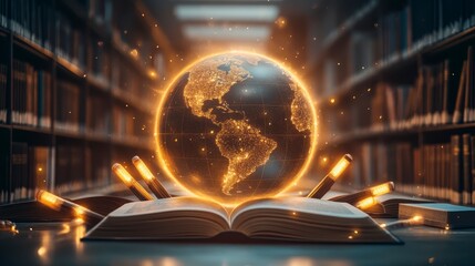 A glowing globe hovers over an open book in a dimly lit library, symbolizing knowledge, exploration, and the interconnectedness of the world.