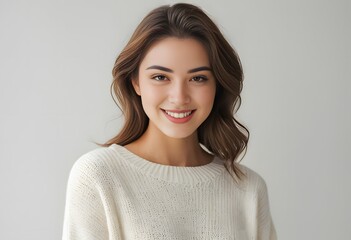 Fototapeta premium Smiling woman in a cream sweater, perfect for beauty and fashion stock. Generative AI.