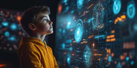 Naklejka premium Young innovator engaged in futuristic technology exploration modern digital lab interactive display indoor environment close-up perspective imagination and creativity