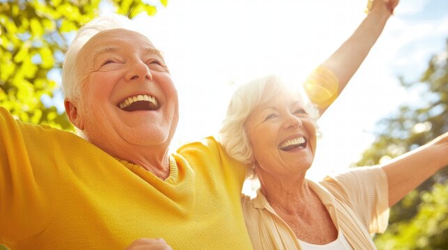 Joyful elderly couple enjoying a sunny day outdoors with arms raised