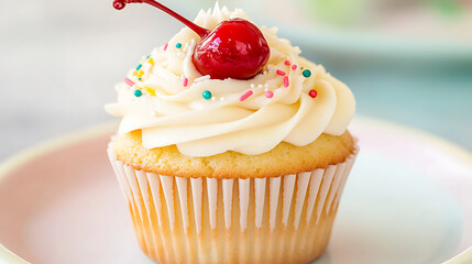 delicious cupcake topped with creamy frosting, cherry, and sprinkles