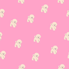 Cute puppy, seamless canine pattern. Bichon frise breed, tiny toy dog, endless background design. Sweet doggy, pup, repeating print for textile, fabric, wrapping. Colored flat vector illustration