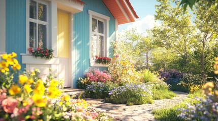 Charming colorful house with vibrant garden in springtime. Sunny day exterior.