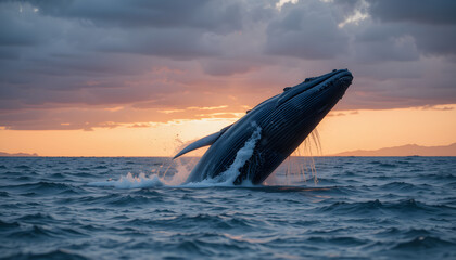 Fototapeta premium A blue whale breaching out of the ocean with water splashing around, under a vibrant sky.