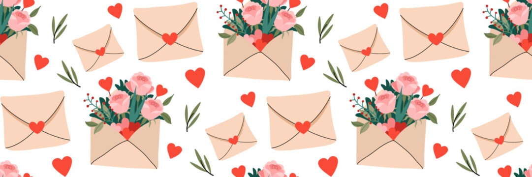 Pink flowers and plants, Hearts in craft envelope seamless pattern. Romantic Valentines or mother, women day celebration background. Composition of roses. For textile, packaging. Vector illustration.