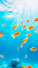 Obraz premium Vibrant goldfish swimming in crystal-clear blue water, illuminated by sunlight from above. A lively underwater scene full of energy and movement.