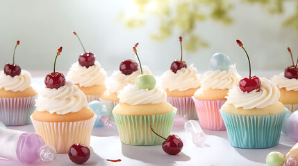 Delightful cupcakes with cherry toppings arranged in colorful circle, perfect for celebrations and sweet treats