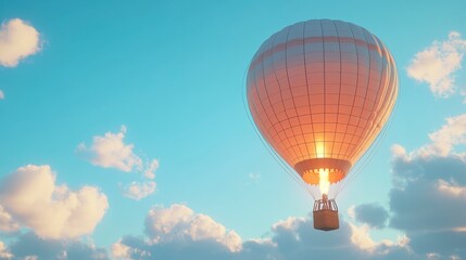 Fototapeta premium A colorful hot air balloon ascends against a bright blue sky, surrounded by fluffy clouds, evoking a sense of adventure and tranquility.