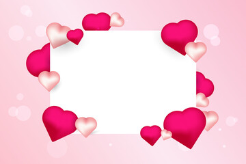 A decorative Valentine-themed design with a rectangular white frame surrounded by pink and red hearts of various sizes, set on a soft pink background with bokeh effects.