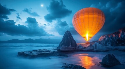 Obraz premium A serene scene featuring a glowing hot air balloon rising over rocky formations at dusk, illuminated by moonlight and a colorful sky.