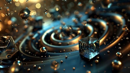 A swirling arrangement of metallic shapes, including cubes and spheres, drifting in a dark environment