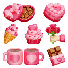 Set of Sweet Valentine's Day elements, Heart box Chocolate, Cake, ice cream, Cupcake, Roses, Pink Couple Mugs, Chocolate, 3d rendering.