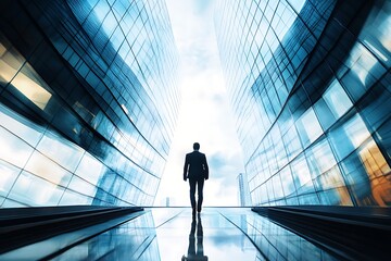 Obraz premium Businessman walking between skyscrapers. Concept of ambition, success, and future.