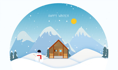 Winter Mountains in snowy weather. Happy Winters and happy holiday vector background illustration. Winter season nature background.