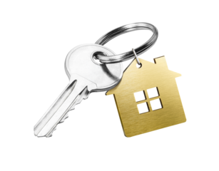 House key with golden house shaped keychain isolated on white background