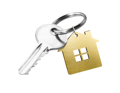 House key with golden house shaped keychain isolated on white background