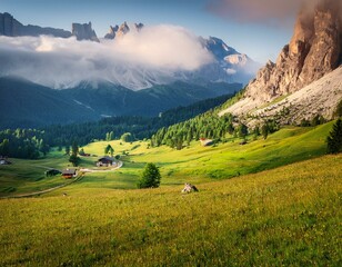 Obraz premium Beautiful landscape of Alpe di siusi - Seiser alm in Dolomite, Italy in the morning.