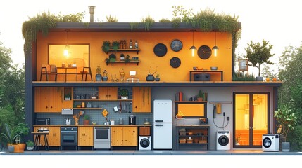 Flat Design Scene: Show a futuristic smart home with devices like smart refrigerators, lights, and robotic cleaners