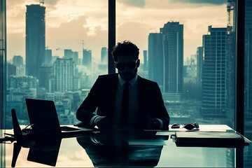 Businessman Silhouette Cityscape Office