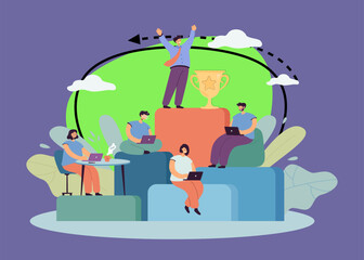 Business people climbing abstract career ladder. Employer working and achieving success flat vector illustration. Growth, employment hierarchy, corporate culture, teamwork concept
