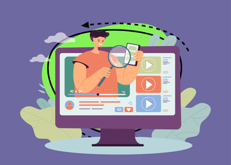 Blogger doing video review for people watching his tech vlog. Cartoon male character advertising new smartphone on his channel flat vector illustration. Online promotion, modern technology concept