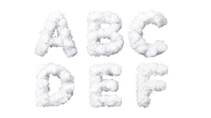 Creative A to F Alphabet Design Made of Fluffy White Clouds on Transparent Background.