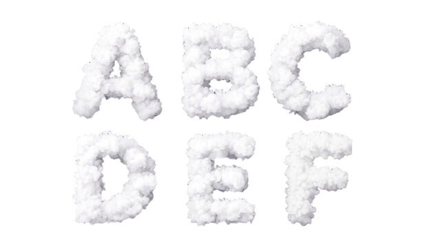 Creative A to F Alphabet Design Made of Fluffy White Clouds on Transparent Background.