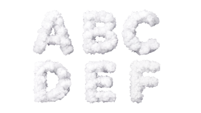 Creative A to F Alphabet Design Made of Fluffy White Clouds on Transparent Background.