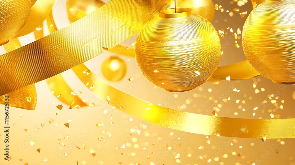 Poster mesmerizing swirling golden ribbons with glowing lanterns in a captivating 3d abstract dynamic and v